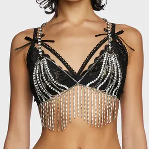 Crystal Mesh Body Chain Bra with Heart Charm and Tassel Detail