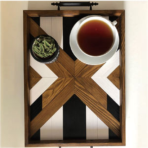 Plateaux de service en résine noire à motifs géométriques Plateau de service décoratif en <span class=keywords><strong>bois</strong></span> pour café <span class=keywords><strong>et</strong></span> thé avec poignées peintes pour usage domestique - Product Image 3