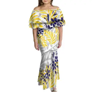 High Quality Pacific Island Art Women's Cheap Dresses Micronesia Design Double Ruffle Half Shoulder Mermaid Dress Drop Shipping