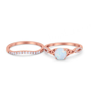 Anillo de Compromiso y Matrimonio de Alta Calidad, Chapado en Oro Rosa de 14K, con Ópalo Blanco Natural de Corte Redondo y Diamantes CZ - Product Image 2