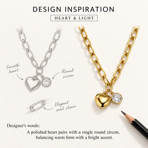 Collar con Zirconia en Forma de Corazón y Redonda, Acero Inoxidable, Chapado en Oro de 14K al Vacío, Cadena de Eslabones Ovalados, 49.5 + 9.5 cm, 9.7 g - Product Image 2