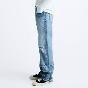 Jeans de Hombre al por Mayor, Nueva Moda, Personalizados, con Efecto de Capas Desiguales, Lavado Azul, Pierna Recta, Rotos - Product Image 5