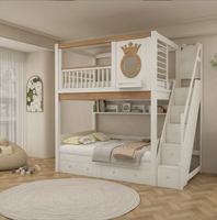 Lit superposé en bois massif de style château avec toboggan, escalier de rangement et bibliothèque, lit pour enfants pour chambre de filles
