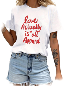 T-shirt à manches courtes et col rond pour femme, avec texte imprimé, coupe décontractée, printemps-été, jersey 100% coton, Love Actually Is All Around - Product Image 1