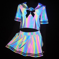 Costume deux pièces réfléchissant coloré, marin sexy, t-shirt féminin mignon, jupe plissée, uniforme scolaire de performance