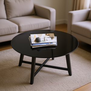 Tavolino da Caffè Rotondo in Vetro Temperato 32 Pollici Nero con Bordo Smussato Arredamento Moderno per Soggiorno - Product Image 2