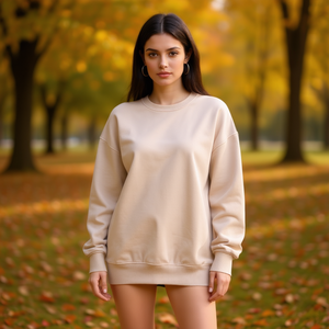 HDJ Women's Casual <b>Sweatshirt</b> Long Sleeve Crew Neck Beige Cotton Blend Autumn Winter H7022-3 - Product Image 2