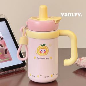 แก้วน้ำสแตนเลสลายการ์ตูนพร้อมหูจับ สายคล้องคอ และหลอดดูด แก้วกาแฟพกพา - Product Image 1