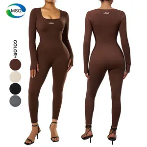 Workout Romper Activewear Women Yoga Jumpsuits Seamless Ribbed Exercise Long Sleeve Tops Gym Jumpsuits For Women