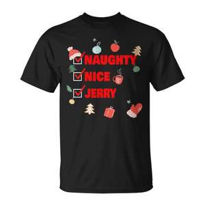 T-shirt de Noël Naughty Nice Jerry avec nom personnalisé et design festif - Product Image 1