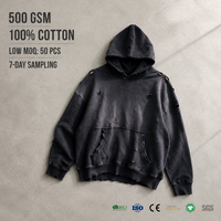 Sweat à capuche ample noir délavé 100 % coton 500 GSM avec imprimé hiver, ourlet brut, style streetwear pour homme, personnalisable OEM ODM, vente en gros de vêtements