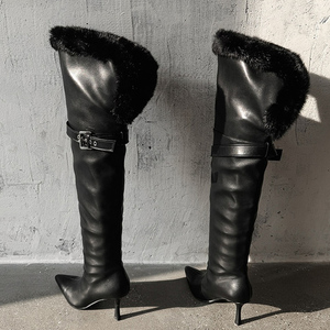 Women Belt Buckles Baggy Shoes High Heels Pointed Toe Stiletto Top Wide Cut Knee High Boots Pleated Fur Upper Long <b>Booties</b> - Product Image 6