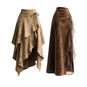 <span class=keywords><strong>Gonna</strong></span> in Camoscio Marrone Stile Western Retrò con Orlo Asimmetrico, Dettagli con Nappe e <span class=keywords><strong>Piume</strong></span>, Design Irregolare - Product Image 3