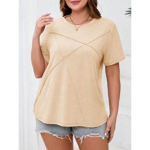 Fisoew Camiseta de manga corta para mujer, talla grande, informal, holgada, con cuello redondo, túnica asimétrica, jersey de algodón transpirable - Product Image 1