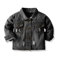 Blouson court en jean unisexe automne style coréen pour garçons, filles et bébés, avec revers vieillis, manches longues, style délavé et tendance