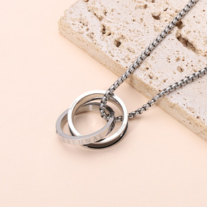 BINSHUO doble anillo encanto collar de acero inoxidable joyería carta amor eterno doble anillo circón colgante pareja collares hombres - Product Image 6