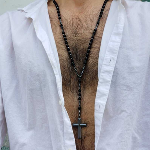 Pietra naturale smerigliato nero onice cattolico <span class=keywords><strong>rosario</strong></span> collane con croce di ematite ciondolo uomini collana di meditazione gioielli - Product Image 3