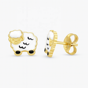 Boucles d'oreilles en émail mouton animal mignon or jaune 14 carats bijoux fins pour enfants filles cadeau de tous les jours - Product Image 1