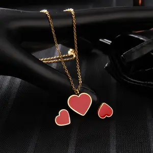 Kalung Hati Baja Titanium Set Perhiasan Wanita Mode Korea Lukisan Cinta Hati Minyak Bijoux Grosir