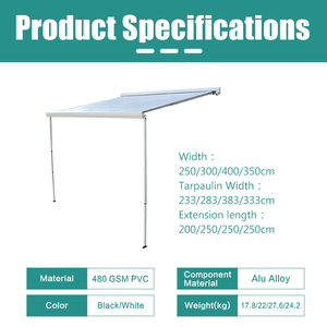 Auvent rétractable JDA pour camping-car, manivelle latérale, 250, 300, 350, 400 cm, imperméable, PVC 480 g/m², aluminium, pour caravane, camping-car, remorque - Product Image 2