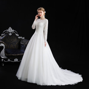 Abito da Sposa in Seta con Maniche Lunghe, Trasparente, Decorato con Perline di Lusso, Stile A-Line con Strascico per Cerimonia in Chiesa - Product Image 2
