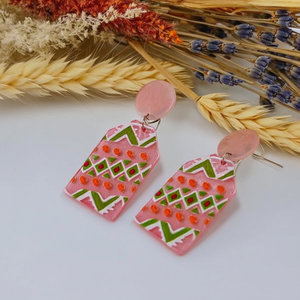 Pendientes con diseño geométrico pintado, resina acrílica rosa y verde, estilo bohemio para fiesta, moda femenina - Product Image 3