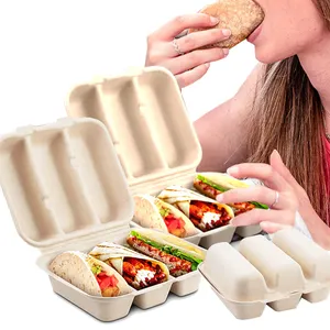 Biologisch Afbreekbaar Suikerrietpapier Pulp Verpakking Takeway Bagasse Clamshell Taco 'S Papieren Doos Voedselverpakking Met Deksel En Verdelers