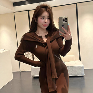 Tie Up Shawl Dress For Women V Neck Solid Color Bodycon Long Skirt Natural Waist Coffee Gray Wrap And Tie Style - Product Image 4