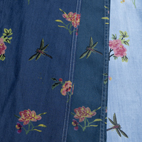 Tissu denim écologique imprimé floral libellule 100% Lyocell, teinture décolorante rose pivoine, couleur vive et résistante, pour filles, 300M MOQ OEM