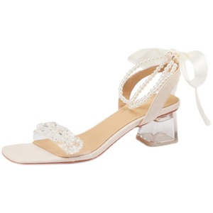 Sandalias de tacón alto para mujer, transparentes, con punta cuadrada, correa de perlas de cristal <span class=keywords><strong>en</strong></span> el tobillo, zapatos de tacón grueso, sandalias de tacón sin cordones para mujer - Product Image 1
