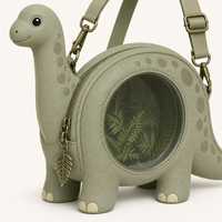 Sac à bandoulière personnalisé en forme de dinosaure, style préhistorique, avec doublure motif fougères de la jungle et texture tachetée, cadeau pour les enfants