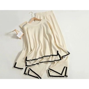 Completo Casual Autunnale Due Pezzi <span class=keywords><strong>con</strong></span> <span class=keywords><strong>Pantaloni</strong></span> a Vita Alta e Gamba Larga, Maglione a Maniche Lunghe <span class=keywords><strong>con</strong></span> <span class=keywords><strong>Spacco</strong></span> - Product Image 3