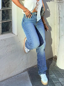 Jeans de Pierna Ancha de Talle Grande <span class=keywords><strong>para</strong></span> Mujer, Lavado Claro, con Pedrería y Lunares, Cintura Alta, Ajuste Holgado, <span class=keywords><strong>Pantalones</strong></span> Vaqueros, Ropa de Calle Moderna <span class=keywords><strong>para</strong></span> <span class=keywords><strong>Fiesta</strong></span> - Product Image 5