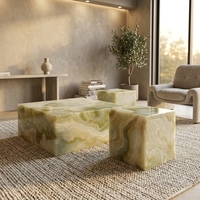 Table basse rectangulaire de luxe en onyx vert, finition brillante, piétement en pierre naturelle, table centrale pour la décoration du salon à la maison