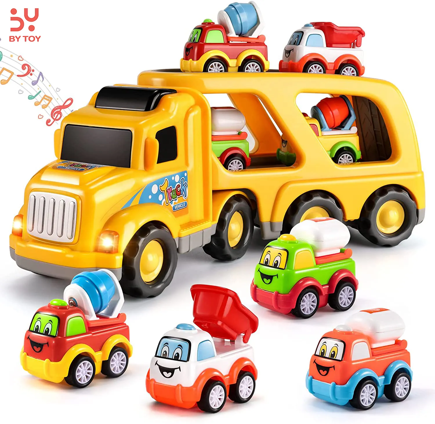 Educational Toy Baby Shower Gift Toddler Construction 5 in 1 Push Friction Power Car Toys Vehicle in Carrier Truck for Boys