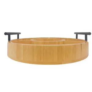 divided section round rotating bamboo wood snack nut swivel platter food table serving tray with handle