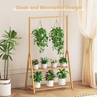 Grande étagère de support de plante en bambou à 2 niveaux avec barre de suspension et étagère de rangement pour salon balcon intérieur extérieur