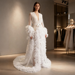 Robe longue en tulle transparente à manches bouffantes et volants, idéale pour les mariages, les séances photo et la maternité - Product Image 1