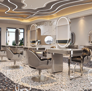 Grand mobilier de salon : Station de coiffure et maquillage avec miroir LED doré pleine longueur et table intégrée, économique - Product Image 2