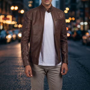 Veste en cuir véritable marron pour homme, col montant, fermeture éclair, coupe slim, décontractée, coupe-vent, automne - Product Image 3