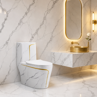 WC monobloc en marbre blanc émaillé avec bandes décoratives dorées, WC à double chasse siphonique pour salle de bain moderne