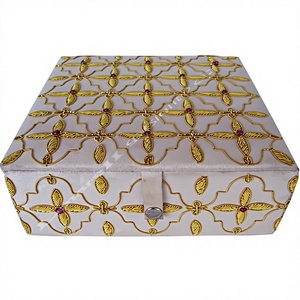 Handmade Designer Brass Inlay <b>Rectangular</b> Embroidered Box Cotton Fabric Gold Floral Pattern Purple Beads for Home Decoration - Product Image 1