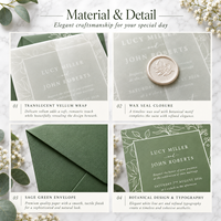 Suite d'invitations de mariage personnalisées vert sauge à thème botanique, avec enveloppe en vélin, sceau de cire et carte RSVP – Fabricant OEM/ODM en gros