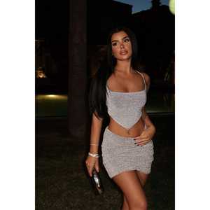 Ensemble 2 pièces décontracté pour femme, gris, Nessa Glitter, haut moulant et short, motif uni avec accents de paillettes - Product Image 6