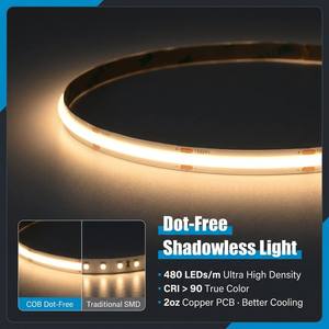 Bande <span class=keywords><strong>LED</strong></span> COB flexible haute densité 480 <span class=keywords><strong>LED</strong></span>/m 12V 24V 10W/m 2700K-6500K CCT <span class=keywords><strong>5m</strong></span>/rouleau pour éclairage intérieur commercial - Product Image 3