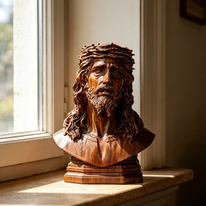 Busto de Jesús en Madera Maciza con Corona de Espinas, Escultura Religiosa Católica Cristiana, Decoración para el Hogar, Capilla o Altar, BGRS0045 - Product Image 5