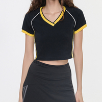 T-shirt court tendance pour femme, col en V, patchwork coloré, style streetwear, manches courtes, été