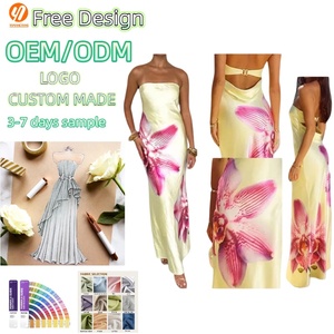 Vestido Halter Personalizado 4063 con Espalda Descubierta en Satén Amarillo, Estampado de Orquídeas, Elegante Vestido de Noche para Playa Tropical, ODM - Product Image 1