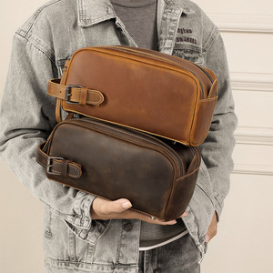 Nouveau Vintage grande capacité en cuir <span class=keywords><strong>de</strong></span> vachette en cuir véritable pour hommes pour trousse <span class=keywords><strong>de</strong></span> <span class=keywords><strong>toilette</strong></span> pochette à fermeture éclair transfrontalière - Product Image 4