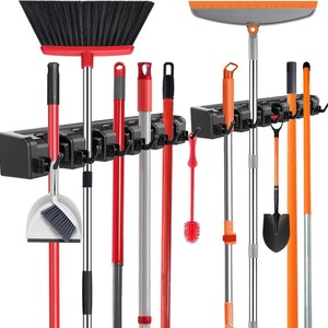 Wall Mounted Mop Broom Holder 5 Slot <b>Plastic</b> Organizer with <b>Hooks</b> for Kitchen Bathroom Garage Laundry Room - Product Image 6